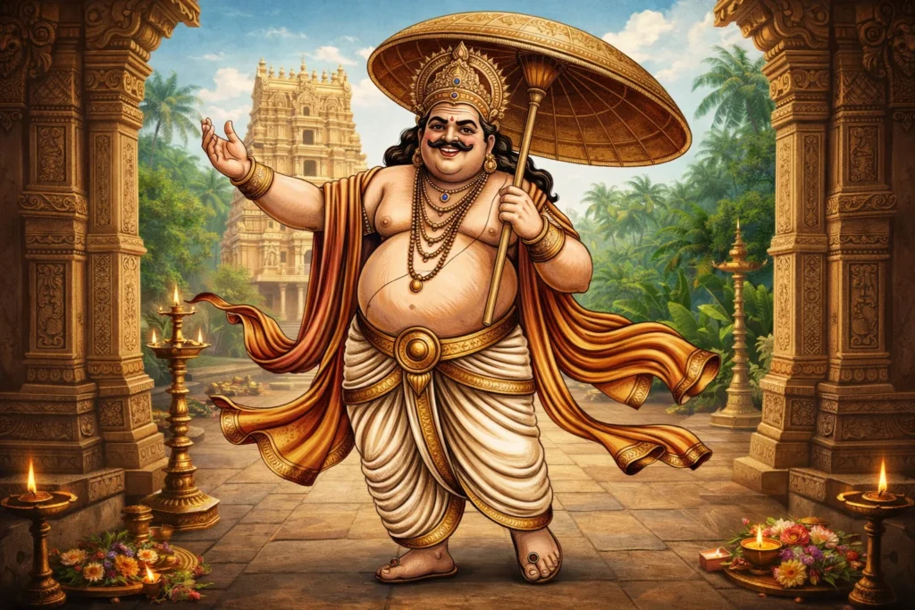 King Mahabali standing with a traditional palm leaf umbrella and royal attire.