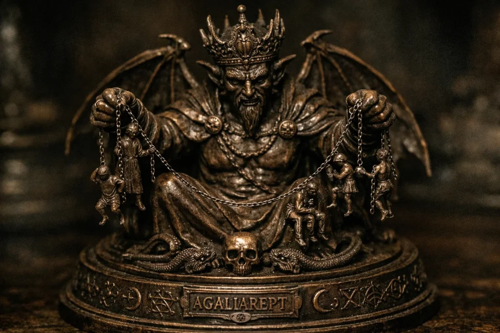 A medieval European bronze sculpture of Agaliarept with a dark aged patina, depicting the demon as a crowned figure holding chains of influence connected to miniature human figures