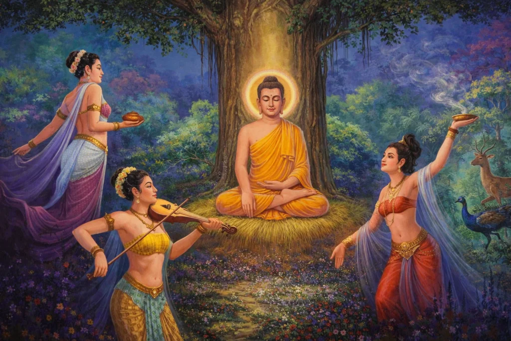 * Illustration of the daughters of Mara using music and perfume to distract Siddhartha Gautama.