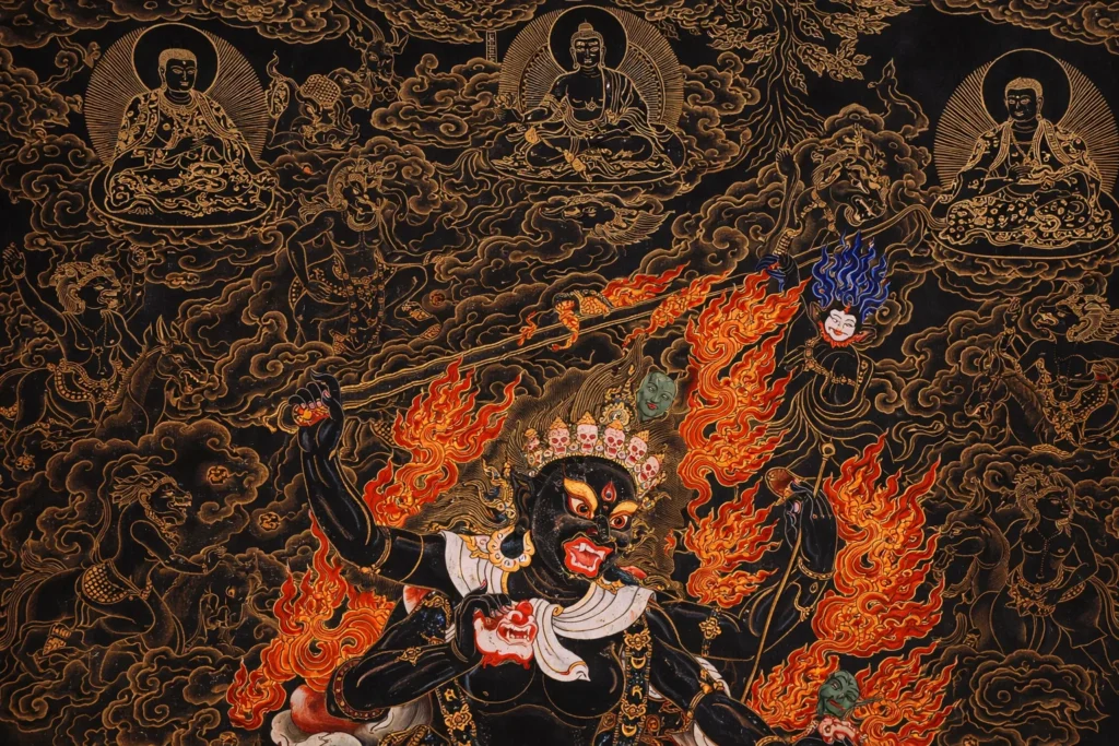 Detailed Nagthang painting of a Buddhist protector deity with golden outlines.