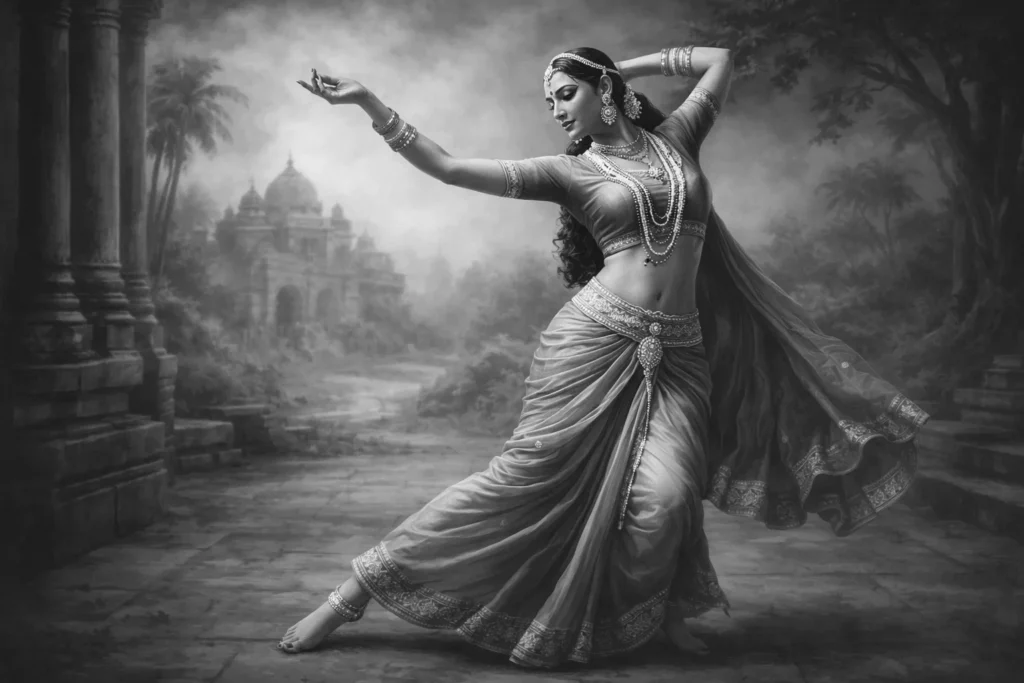 * Monochrome stippling of the Buddhist personification of desire in a classical pose.