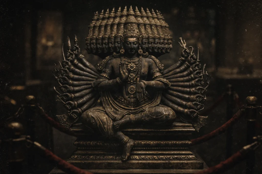 Bronze-style sculpture of Ravana sitting in a meditative pose.