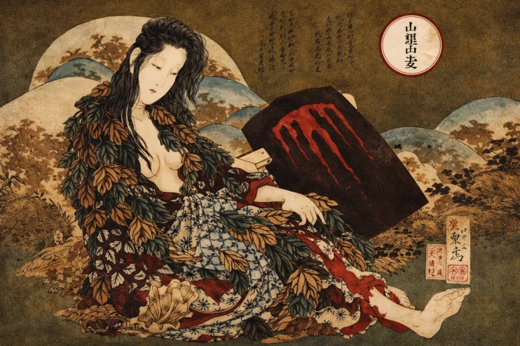 A blind woman in a leaf-patterned kimono leaning against a dark tablet.