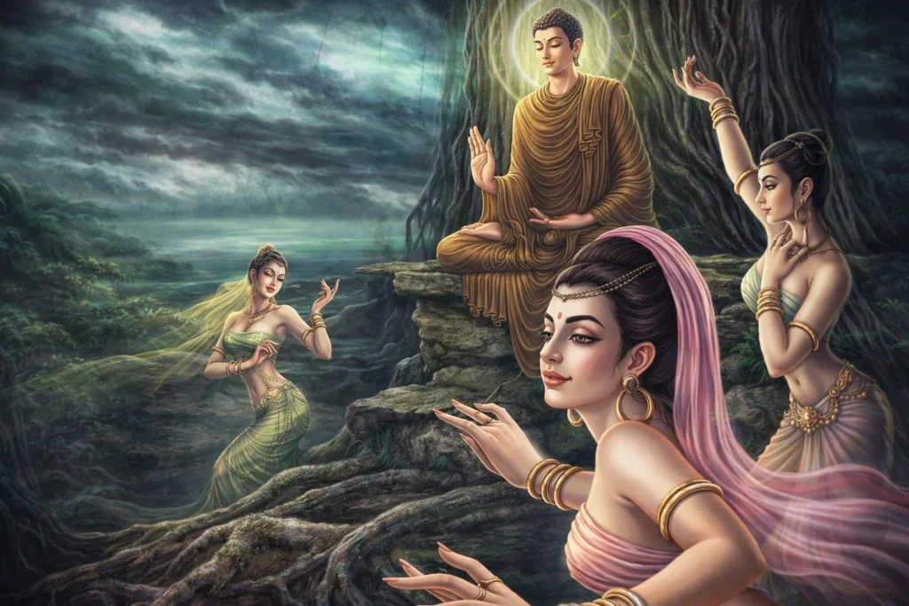 * Three celestial maidens with gold jewelry performing for a monk under a large tree at night.