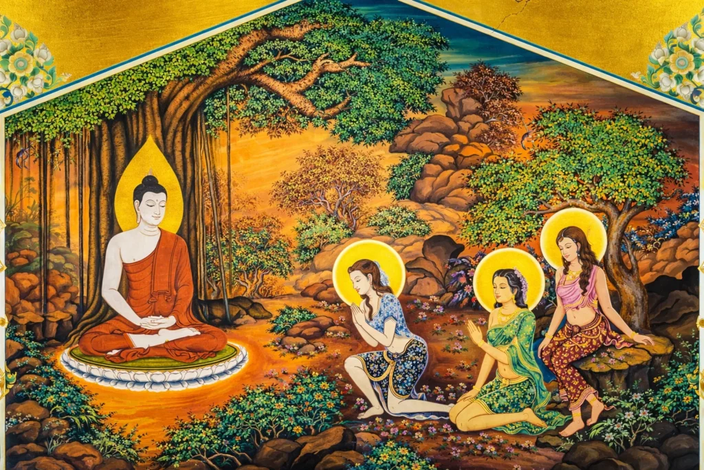 Thai mural of Buddha sitting under a banyan tree with three haloed women kneeling