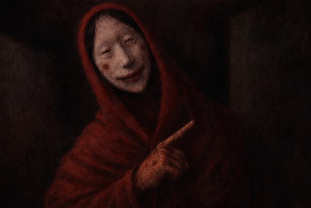 Spectral entity wearing a traditional white Japanese mask with red cheek markings.