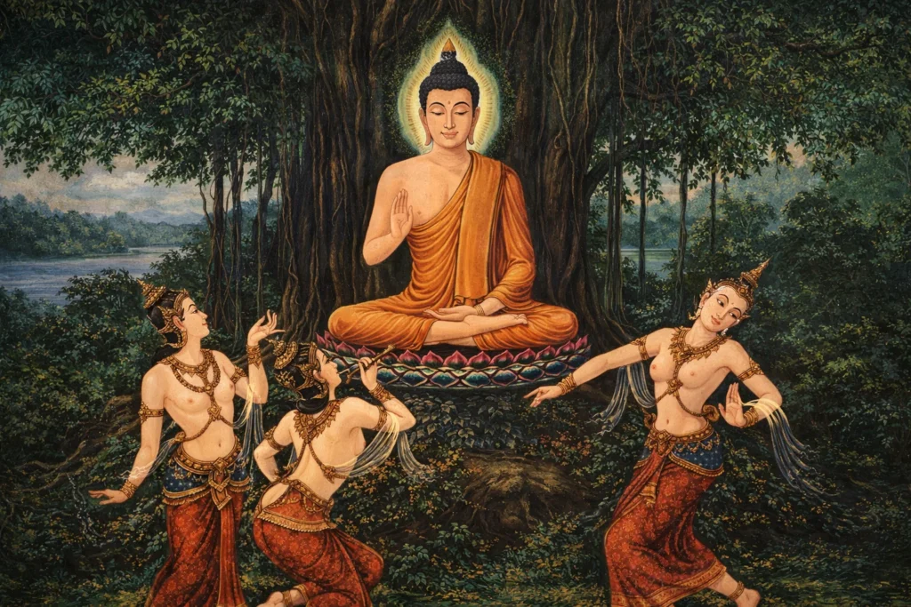 * Classical Asian painting of the daughters of Mara performing for the enlightened sage.