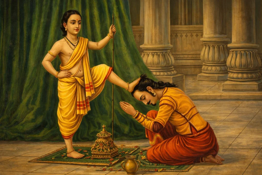 Vamana placing his foot on King Bali’s head during the three steps.
