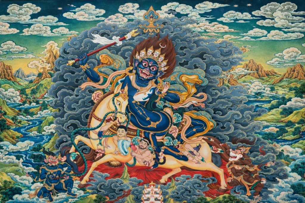 * Tibetan thangka of Palden Lhamo with lion-headed and makara-headed dakinis.