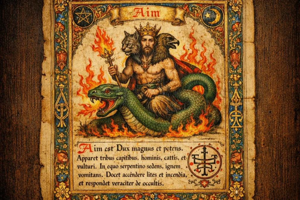 grimoire page from a Renaissance-era demonology text, richly decorated with gold leaf and vibrant mineral pigments, depicting Aim in full form