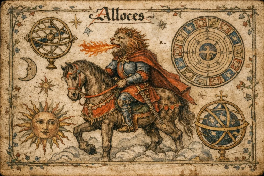 manuscript page showing Alloces in stylized medieval European ink and pigment brushwork, lion-headed figure exhaling fire