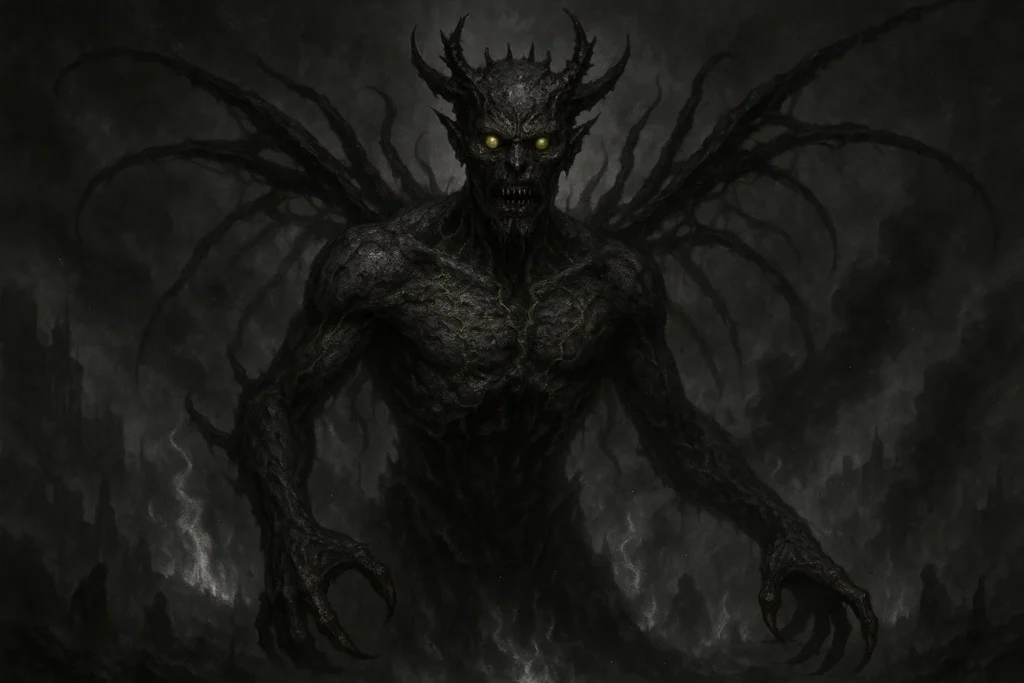 Amaymon over a fiery wasteland