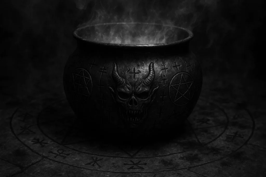 a large brass vessel engraved with Solomonic and demonic sigils