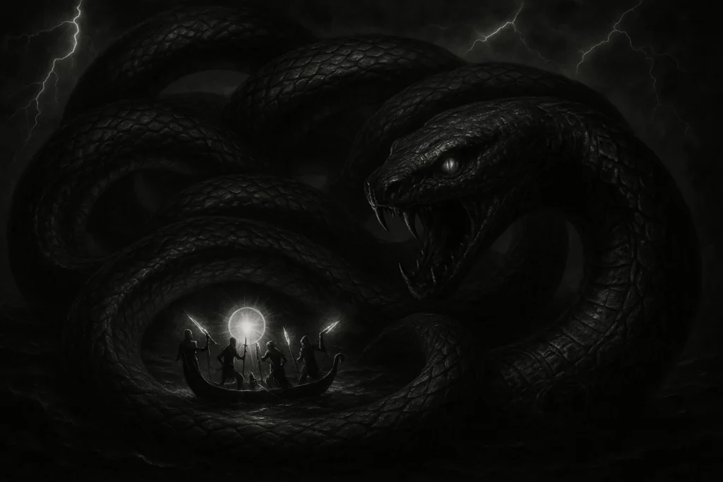 the glowing solar barque of Ra trapped within the massive coils of Apophis.