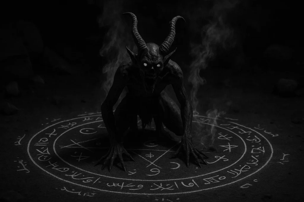 A magical circle drawn on sand, composed of thin lines of salt and engraved symbols meant to bind a Hinn