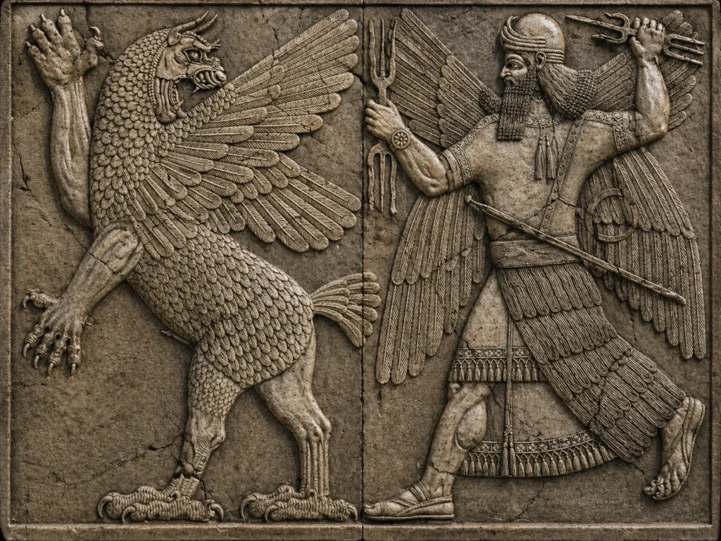 A stone relief showing a Mesopotamian deity wielding lightning bolts against a winged chimeric Alû monster.