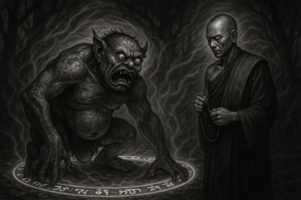 a monk using sacred chants to bind a Kumbhanda spirit causing illness