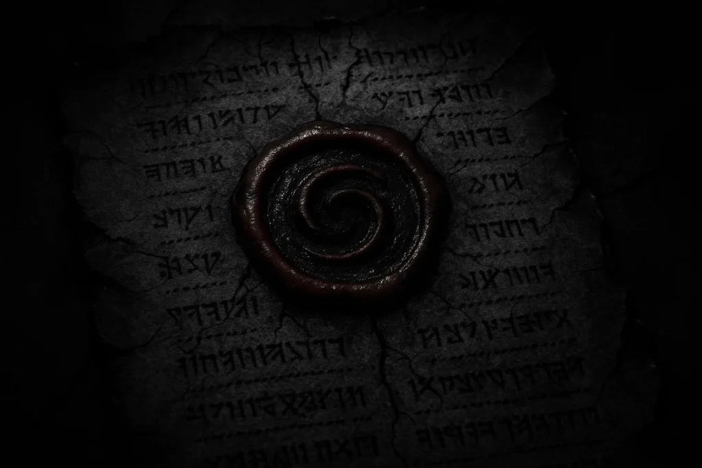 A blood-red wax seal on dark parchment, cracked and burned at the edges. In its center is a spiraling void-like Alû symbol