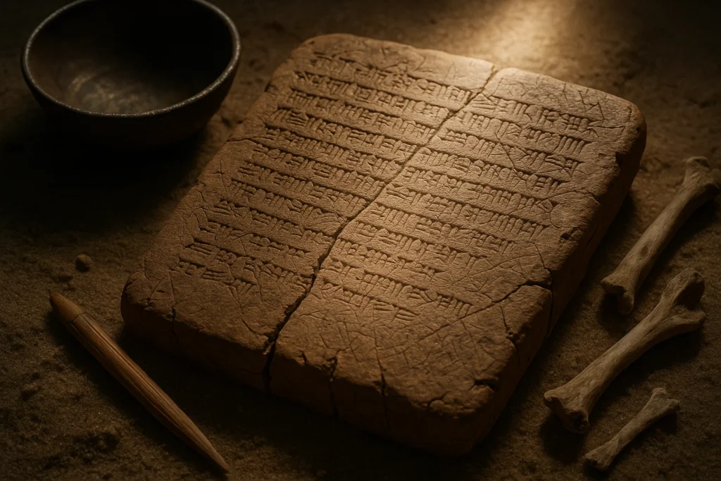 a cracked clay tablet inscribed with an Akkadian exorcism against the Edimmu