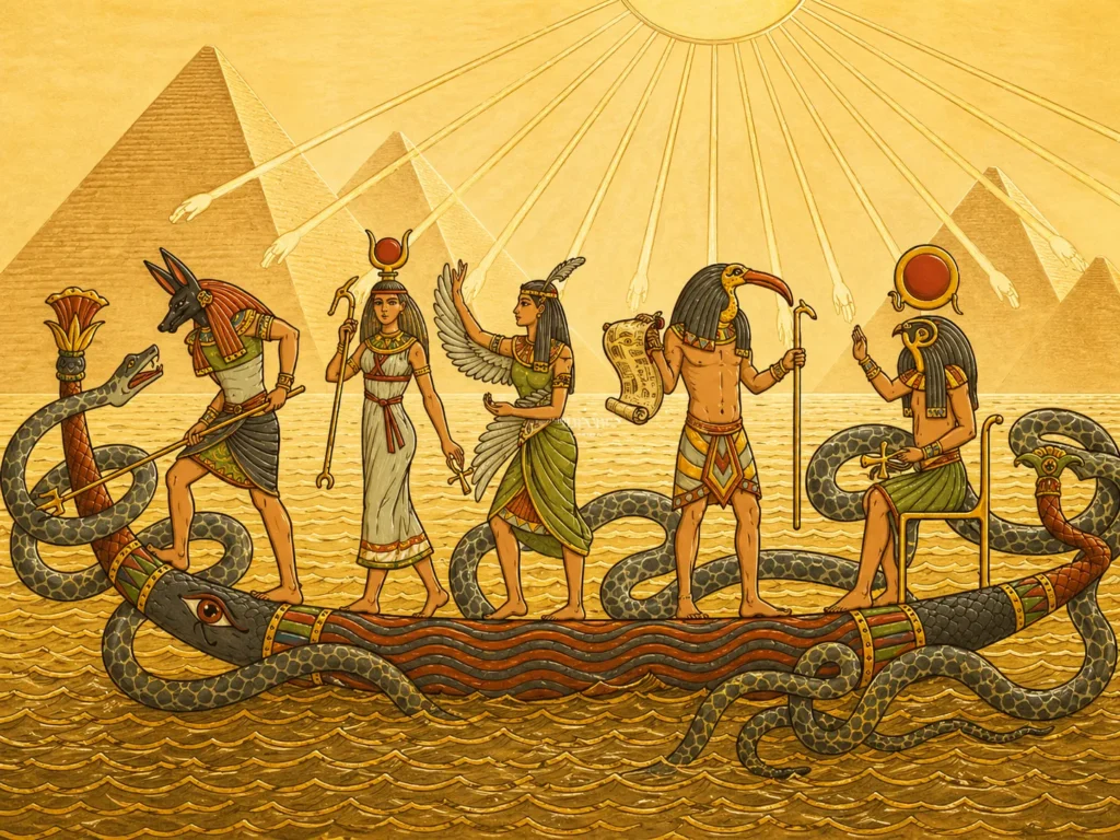 The Egyptian gods Ra, Thoth, and Anubis defending the solar boat against the giant snake Apophis.