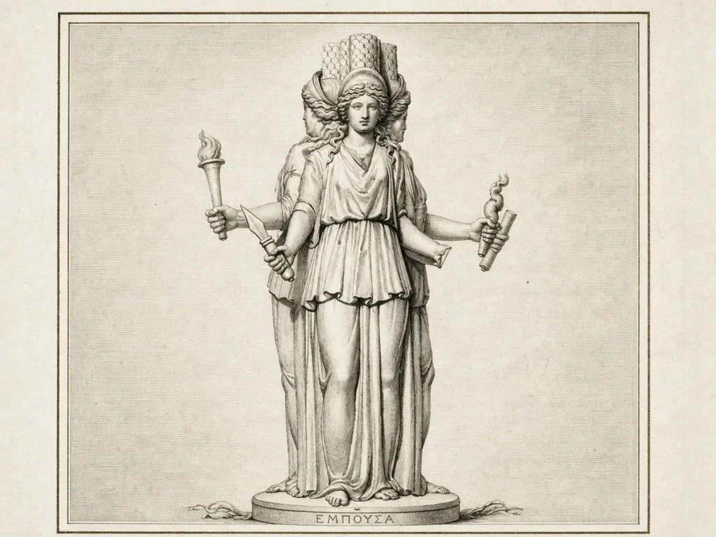 Neoclassical engraving of the Greek entity Empusa showing her with three faces, holding torches and a blade.