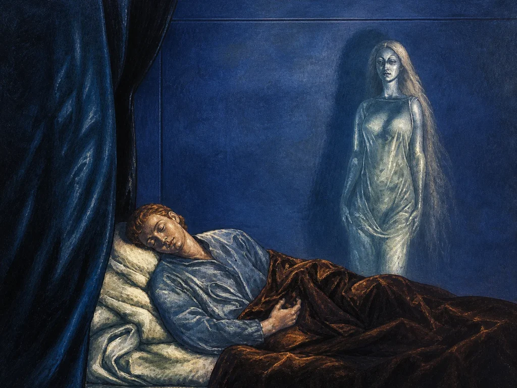 Modern artistic interpretation of the Greek mythological entity Empusa appearing as a translucent phantom.