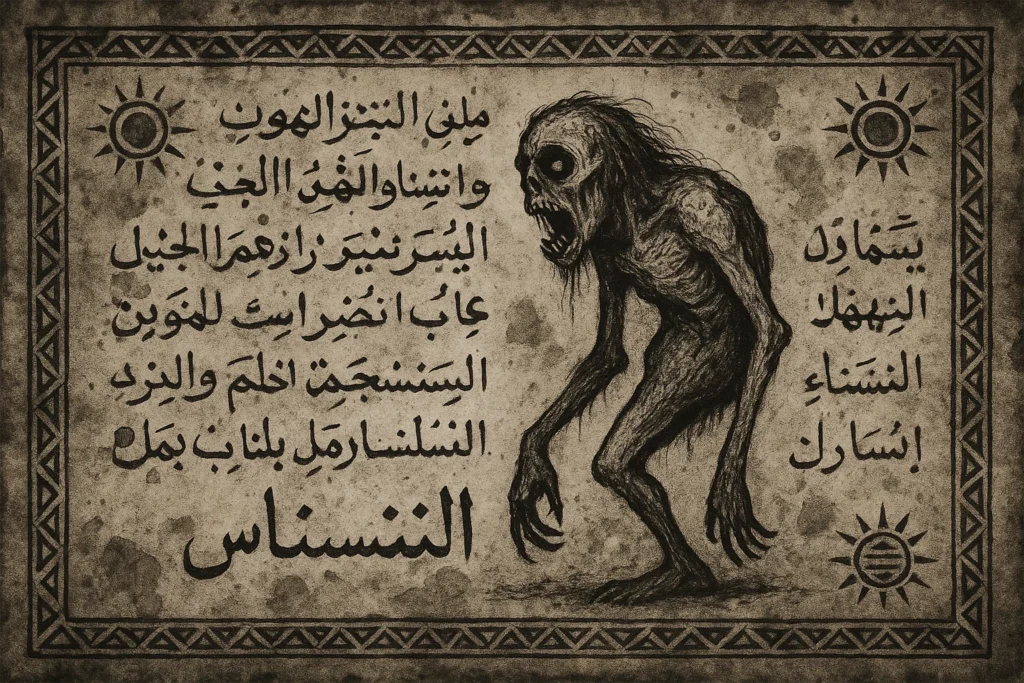 Islamic or early Arabian manuscripts. The page features a crude ink drawing of a half-human figure — the Nasnas