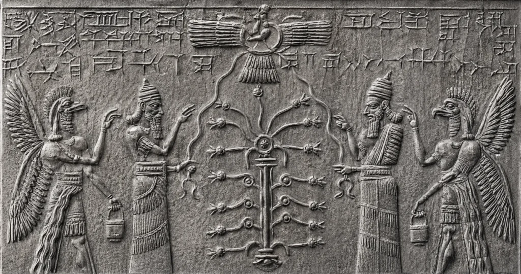 Ancient Mesopotamian stone relief featuring winged eagle-headed spirits protecting the sacred tree from the Alû demon.