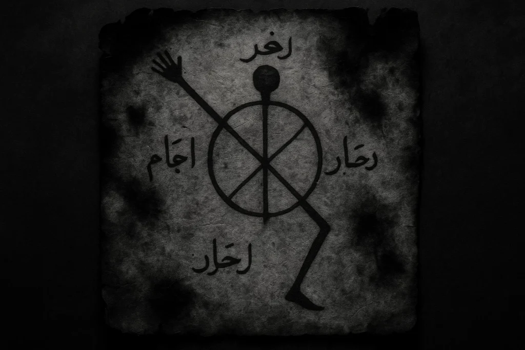 medieval talisman drawn on leather or parchment, displaying lines mimicking a single arm and leg