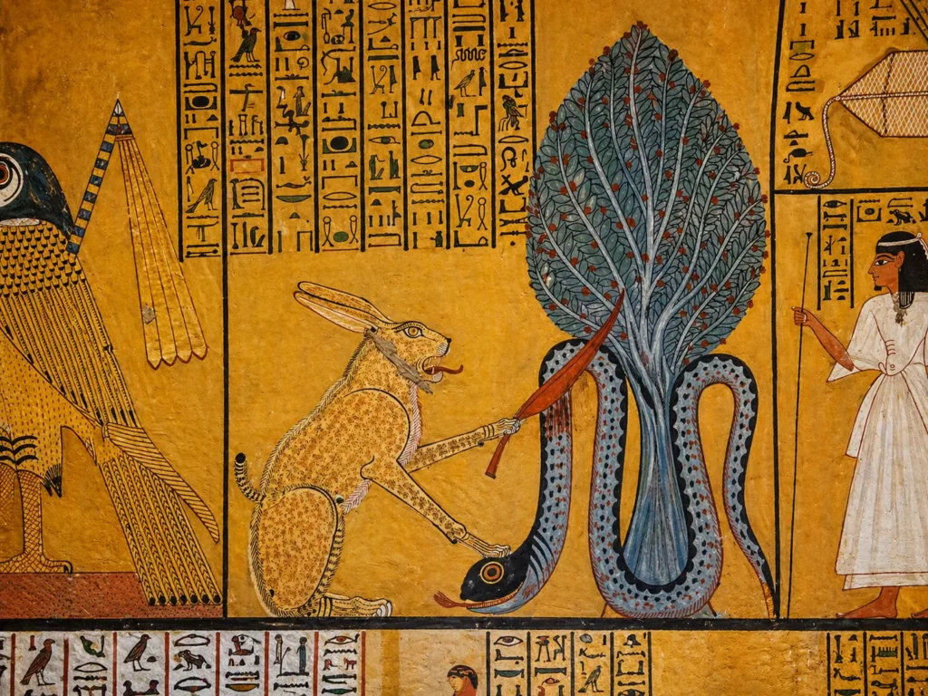 Ancient Egyptian wall painting of Ra in cat form decapitating the serpent Apophis with a knife.