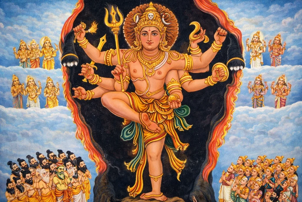 Colorful painting of Shiva with many arms standing atop a demon and holding an elephant hide