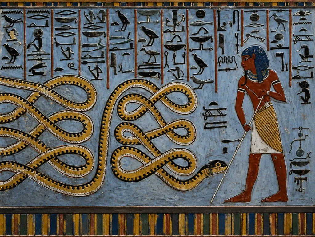Egyptian relief carving of a solar deity piercing the coiled serpent Apophis with a long spear.