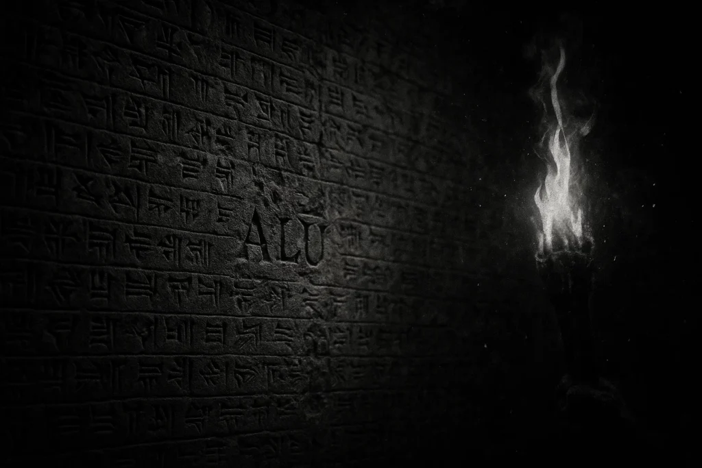 A long wall of faded cuneiform, lit by a torch in a dark archaeological chamber. Some symbols are damaged, but the word “Alû” can be seen partially preserved