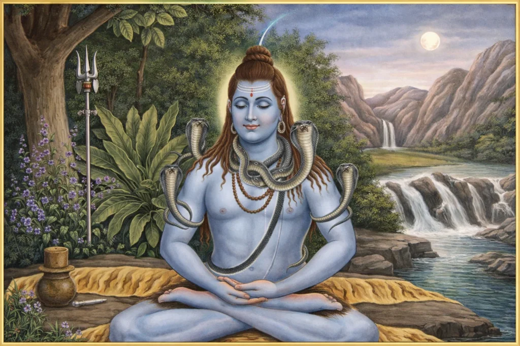 Meditative painting of Shiva with a blue neck and snakes sitting by a waterfall.