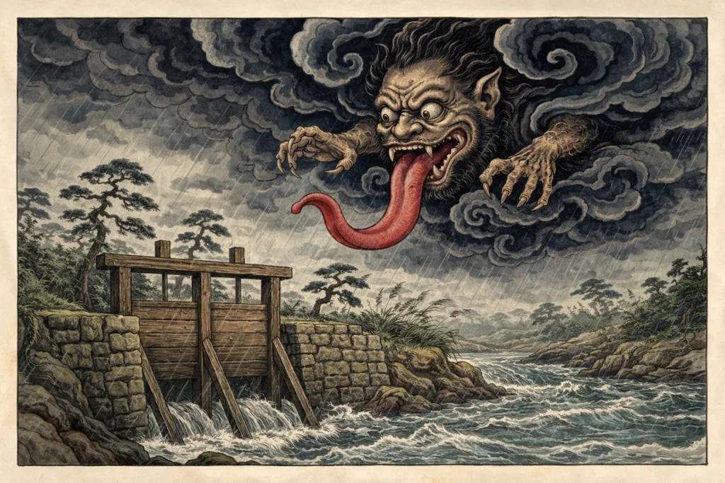Detailed illustration of the Akashita yōkai hovering in dark clouds above a rushing stone-banked river canal.