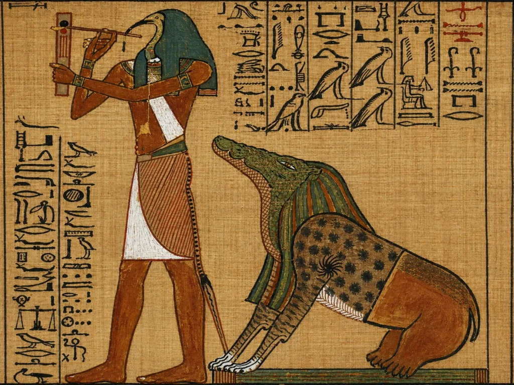 Egyptian papyrus art showing Thoth recording the judgment as Ammit the Devourer looks on.