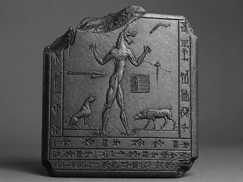A black stone plaque featuring the demon Lamashtu with a lion head and bird talons surrounded by cuneiform text.