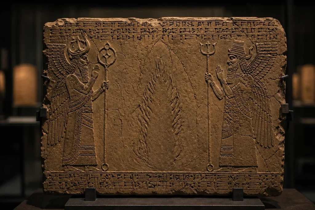 Ancient stone relief depicting two winged protective spirits flanking a central flame-like void symbolizing the Edimmu spirit.