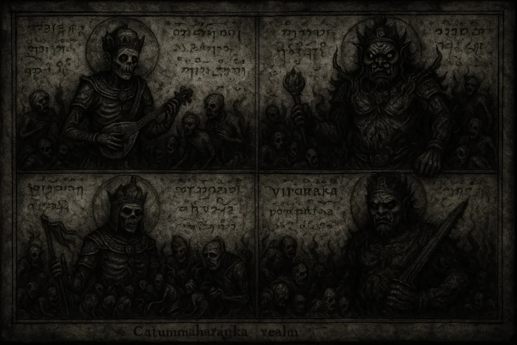 ancient scroll showing the Cātummahārājika realm. Hand-painted figures of the Four Great Kings at the cardinal directions, each with subordinates. In the South, small distorted Kumbhanda figures bow before Virūḷhaka.