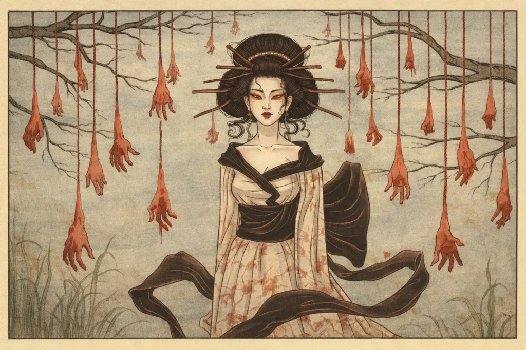 Classical ukiyo-e rendering of a female ghost and the Akateko spirit in a willow grove.