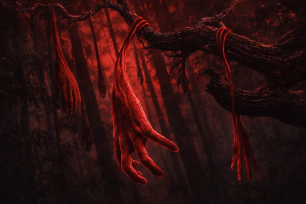 Severed red child’s hand hanging from a dark, thorny tree branch in a misty forest.