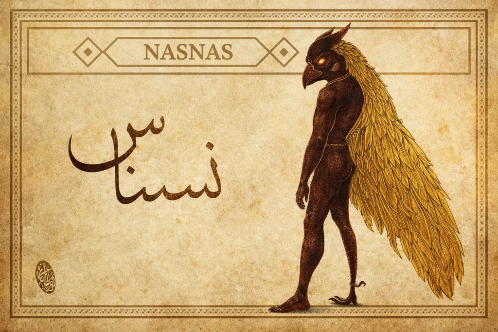 Profile view of a dark-skinned, avian-featured jinn with large golden wings standing on an aged background.