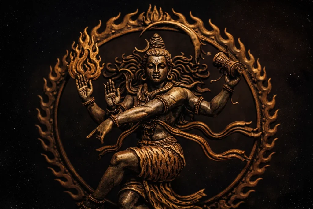 Bronze statue of Shiva as Nataraja performing the cosmic dance within a ring of flames.