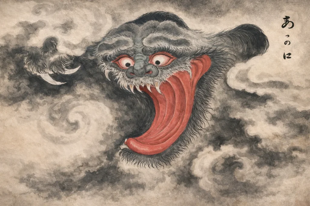 Traditional ink wash style painting of a monstrous face with a wide-open mouth and large red tongue emerging from gray mist.