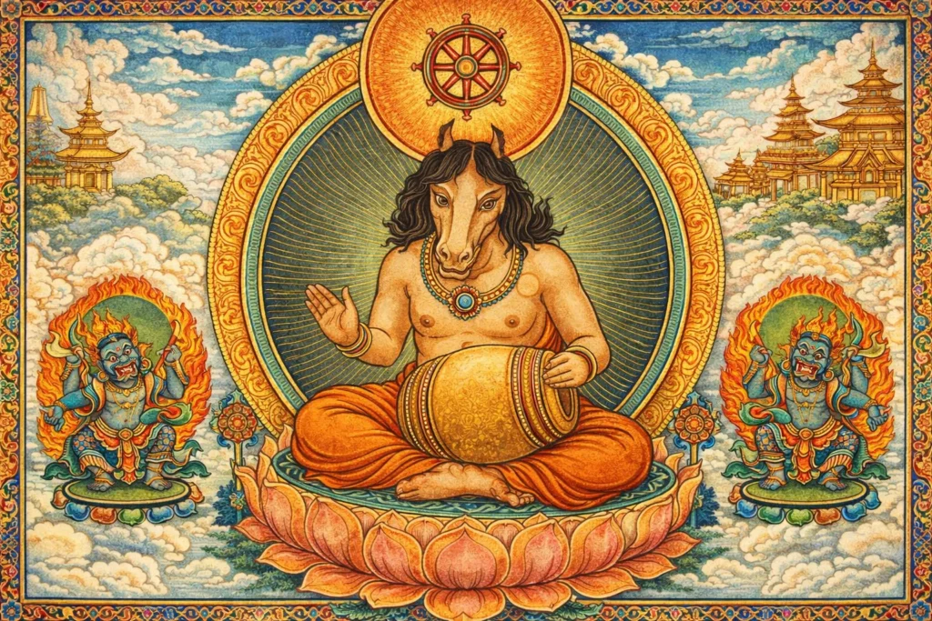 Detailed mythological painting of a Kumbhanda spirit sitting on a lotus.