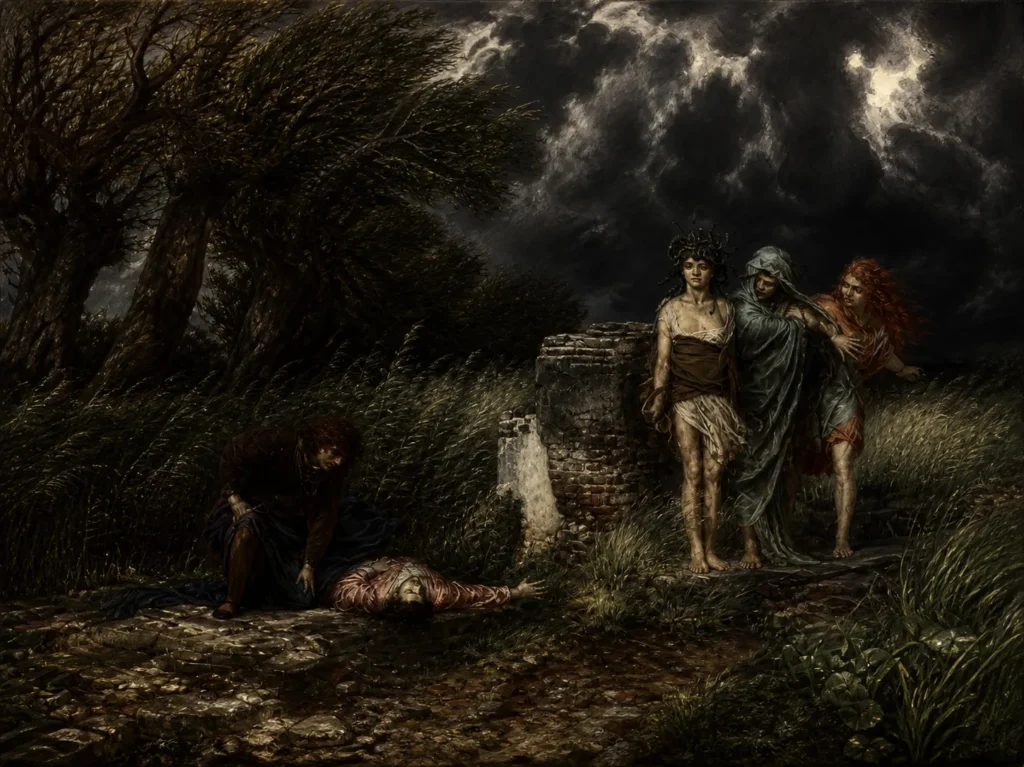 The Erinyes illustrated as grim, dark-robed figures standing guard over a scene of kin-slaying in a classical Greek myth setting.
