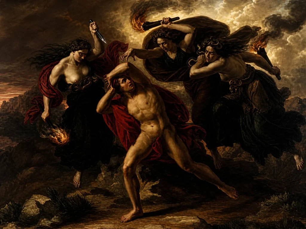 The Erinyes depicted as vengeful winged goddesses with torches and daggers chasing a man in a scene of intense psychological torment.