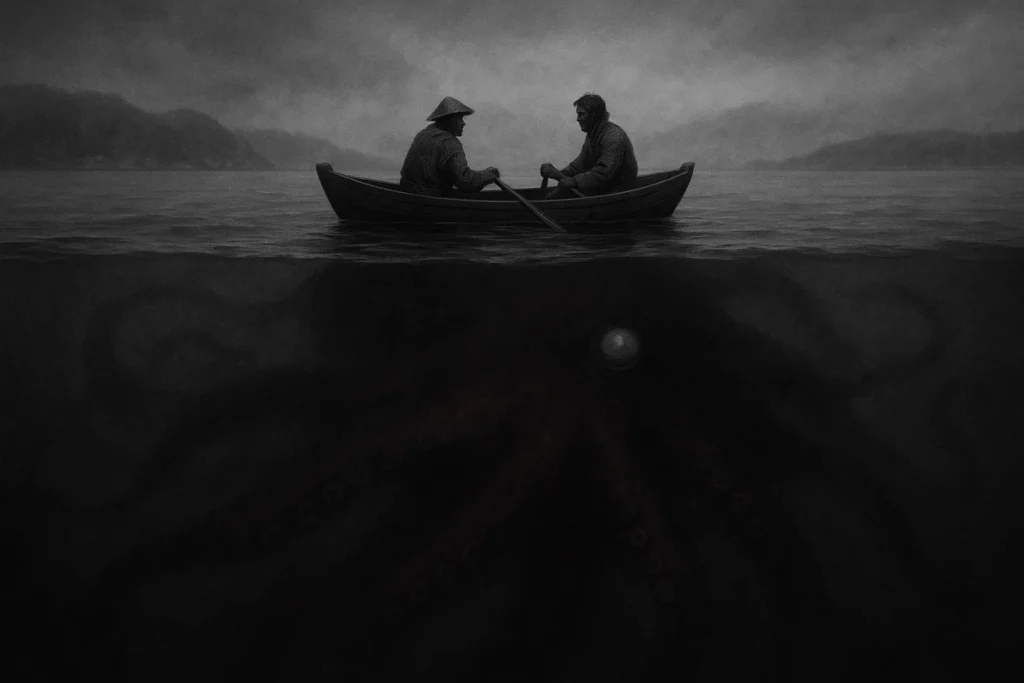 fishermen in a small Ainu canoe floating above a huge dark red shadow beneath the water