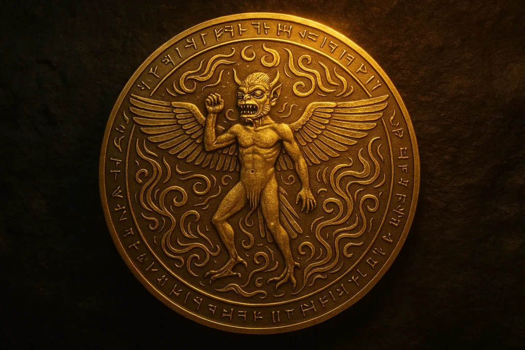 A radiant golden disc engraved with Pazuzu’s form encircled by stylized flames and wind swirls
