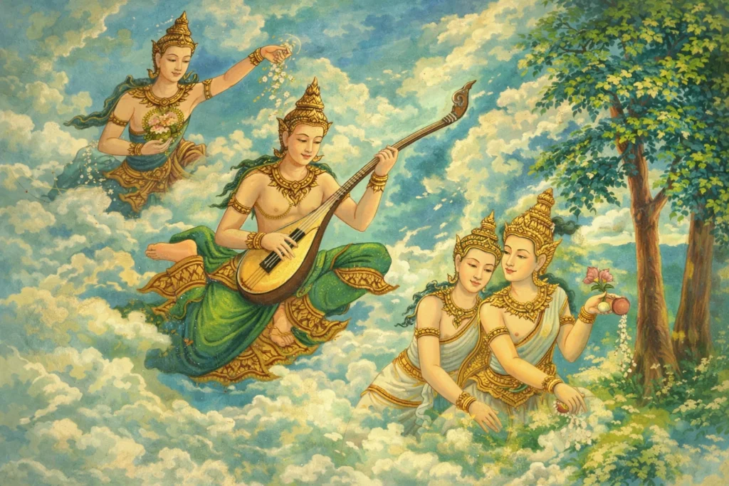 Group of Gandharvas in traditional Thai mural art with musical instruments.